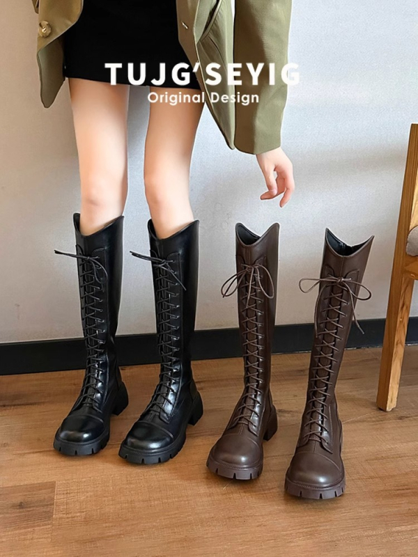 Hosszú csizmák Női V-kivágású Barna hosszú csizma pufók lányka nagy cső kerületű lovag csizma vastag szárú magas sarkú csizma vastag sarkú plus size női csizma