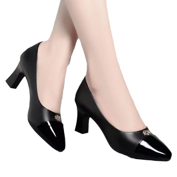 Sekély szájú, új, vastag sarkú női cipők, 2024-es stílus, Chanel ihlette, puha bőrből készült, színblokkoló francia tavaszi és őszi magas sarkú cipők nőknek