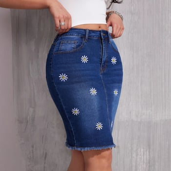 „AliExpress“ tarpvalstybinis aukšto juosmens džinsinis sijonas su klubais, aptemptas, tamprus, liekninantis, vidutinio ilgio, gėlėtas, vieno žingsnio sijonas su klubais.