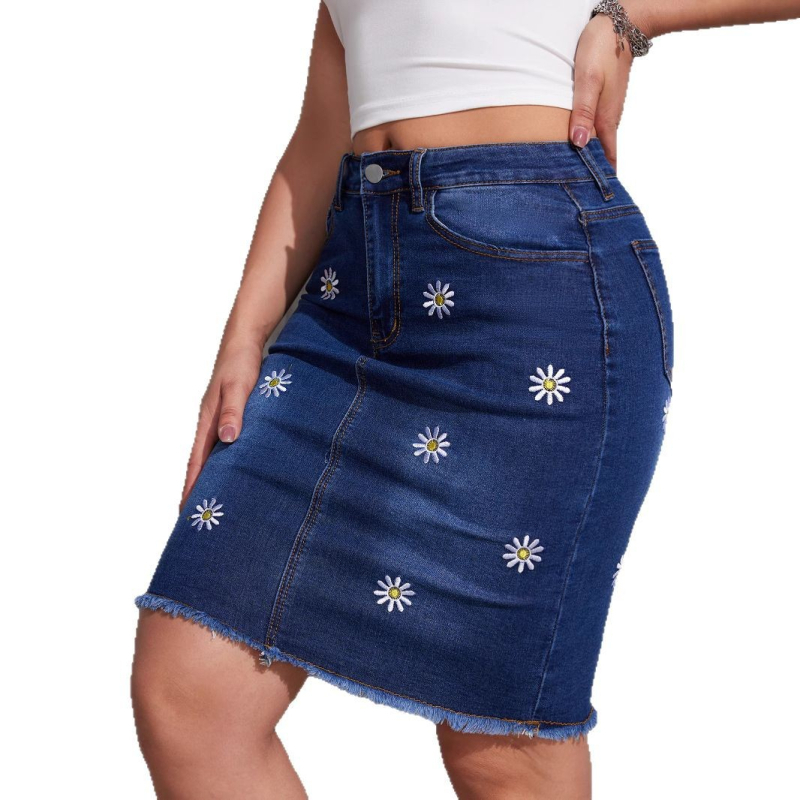 „AliExpress“ tarpvalstybinis aukšto juosmens džinsinis sijonas su klubais, aptemptas, tamprus, liekninantis, vidutinio ilgio, gėlėtas, vieno žingsnio sijonas su klubais.