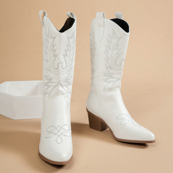 XY0052025 Határon átnyúló külkereskedelmi új magas sarkú, rövid hordós csizma, fehér western farmer lovas csizma