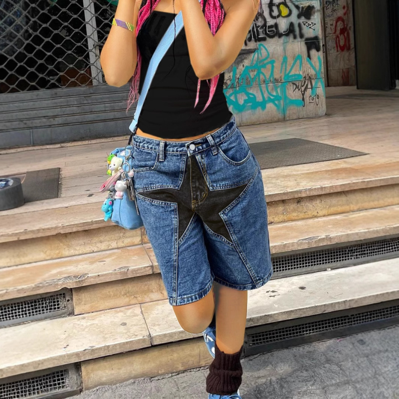 Határokon átnyúló külkereskedelem Amazon Európa és Amerika Design Sense Star farmer rövidnadrágok Női divatos amerikai lezser laza egyenes szárú rövidnadrág