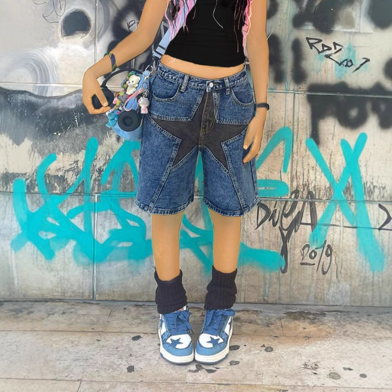 Határokon átnyúló külkereskedelem Amazon Európa és Amerika Design Sense Star farmer rövidnadrágok Női divatos amerikai lezser laza egyenes szárú rövidnadrág