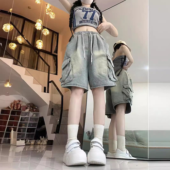 Igazi lövés! Világos színű, régi, nagy zsebes, farmernadrág, női nyári, új, magas derekú, bő szárú rövidnadrág