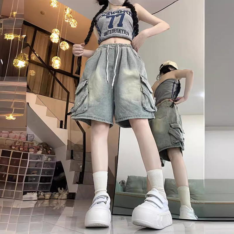 Igazi lövés! Világos színű, régi, nagy zsebes, farmernadrág, női nyári, új, magas derekú, bő szárú rövidnadrág