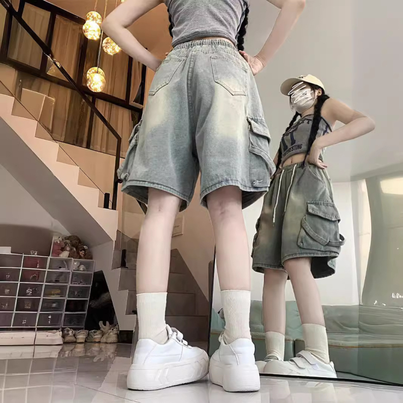 Igazi lövés! Világos színű, régi, nagy zsebes, farmernadrág, női nyári, új, magas derekú, bő szárú rövidnadrág