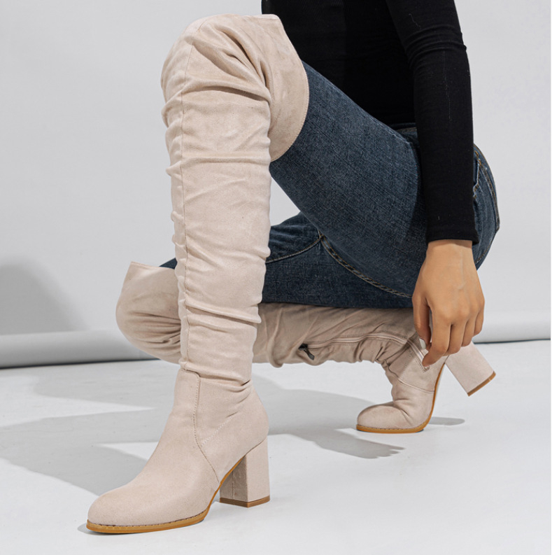 Határokon átnyúló 2023-as európai és amerikai külkereskedelmi új női csizma velúr vastag magas sarkú oldalsó cipzáras térdig érő csizma yxb6880-3