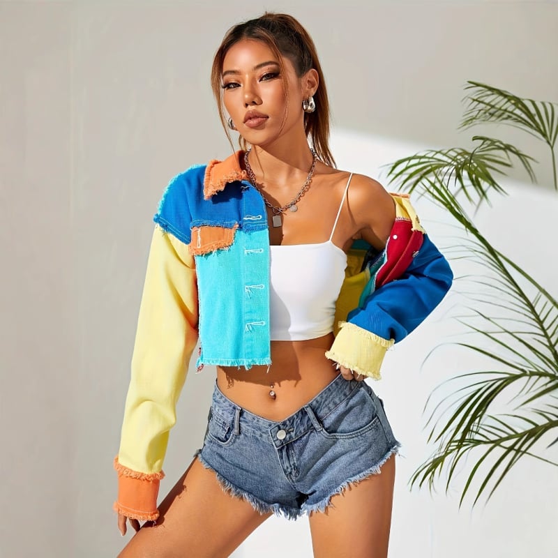 Bluză scurtă din denim cu mânecă lungă Joker, personalizată, cu cusături stradale colorate americane, cu margine flash, pentru primăvară și toamnă, pentru femei, 18102