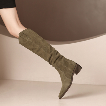 Szabadidő ~ marhabőr 5 cm vastag sarkú retró csizma 34-39 bőr vastag sarkú lovaglócipő térdig érő őszi-téli vékony csizma ősz