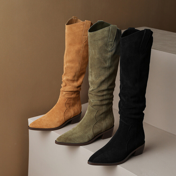 Szabadidő ~ marhabőr 5 cm vastag sarkú retró csizma 34-39 bőr vastag sarkú lovaglócipő térdig érő őszi-téli vékony csizma ősz