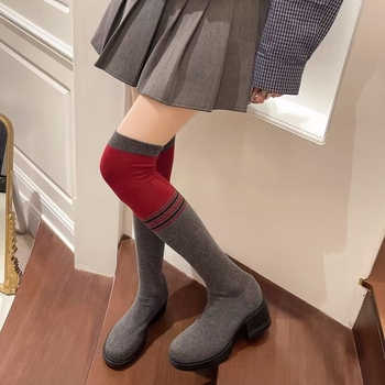 Ilgi aulinukai virš kelių moterims 2024 m. rudens/žiemos nauji stiliai storais kulnais, tampriais, elastingais batais, šilti, universalūs, ilgi, ploni aulinukai