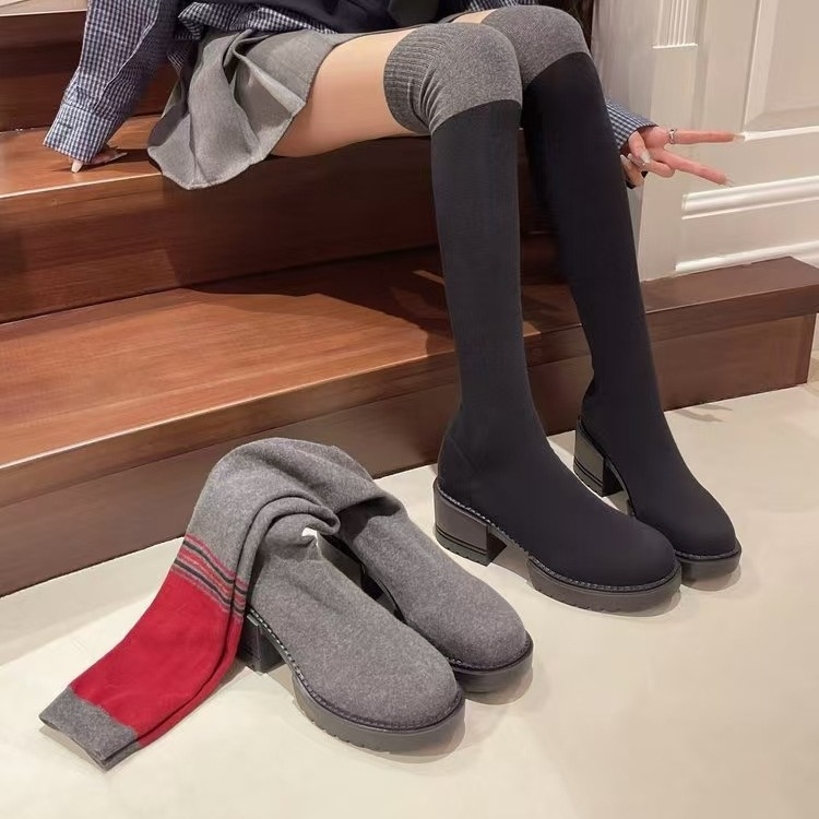 Ilgi aulinukai virš kelių moterims 2024 m. rudens/žiemos nauji stiliai storais kulnais, tampriais, elastingais batais, šilti, universalūs, ilgi, ploni aulinukai