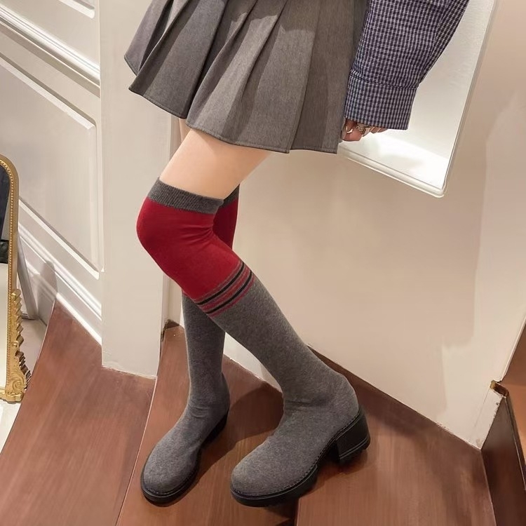 Ilgi aulinukai virš kelių moterims 2024 m. rudens/žiemos nauji stiliai storais kulnais, tampriais, elastingais batais, šilti, universalūs, ilgi, ploni aulinukai