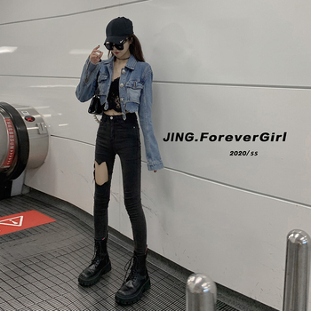 Zhang Jingyi rövid farmerdzseki új koreai niche dizájn univerzális hosszú ujjú retró dzseki felső 9317