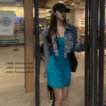 Zhang Jingyi rövid farmerdzseki új koreai niche dizájn univerzális hosszú ujjú retró dzseki felső 9317