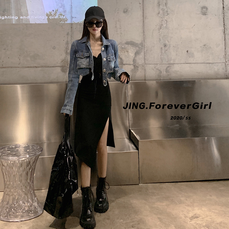 Jachetă scurtă din denim Zhang Jingyi, design coreean de nișă, jachetă retro cu mânecă lungă, model nou, top 9317