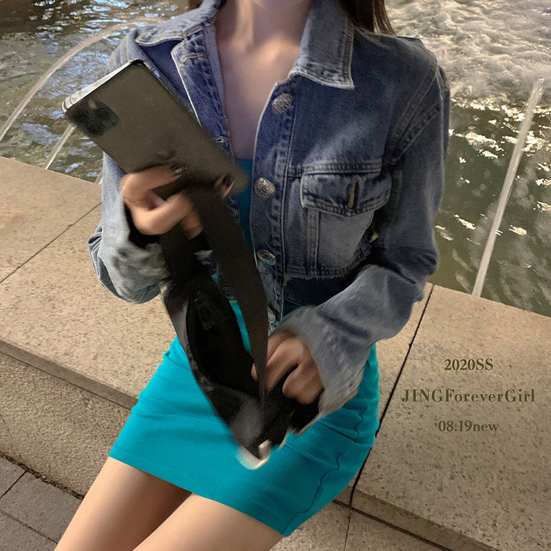 Jachetă scurtă din denim Zhang Jingyi, design coreean de nișă, jachetă retro cu mânecă lungă, model nou, top 9317