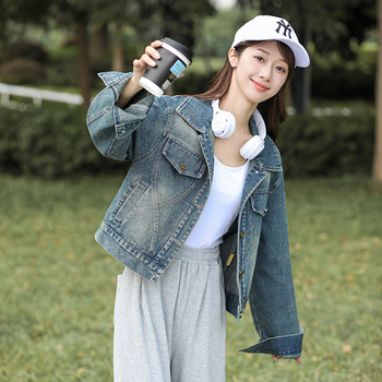 Real Shot Σε Απόθεμα Vintage Πλυμένο Ντένιμ Μπουφάν με Σκούρα Φθινοπωρινή/Χειμερινή Μικροσκοπική Στενή Γραμμή Πολυχρηστικό Μπλέιζερ Τοπ