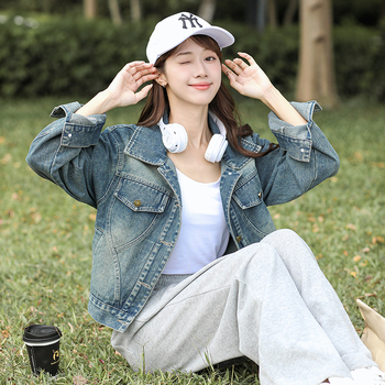 Real Shot Σε Απόθεμα Vintage Πλυμένο Ντένιμ Μπουφάν με Σκούρα Φθινοπωρινή/Χειμερινή Μικροσκοπική Στενή Γραμμή Πολυχρηστικό Μπλέιζερ Τοπ