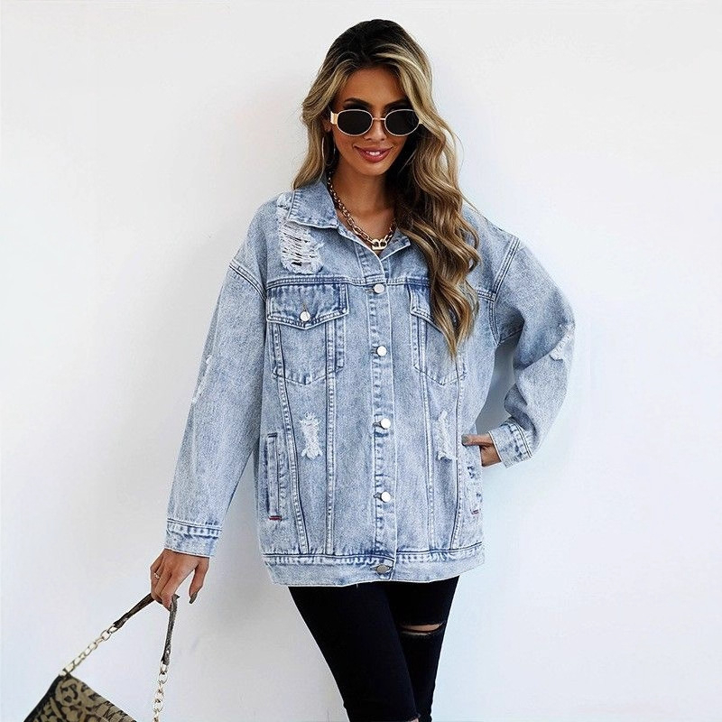 Tarptautinio europietiško stiliaus prabangi ir stilinga moteriška striukė su unikaliu dizainu, darbo aprangos stiliumi, nusidėvėjusio, madingo harajuku, europietiško ir amerikietiško stiliaus džinsinio audinio.