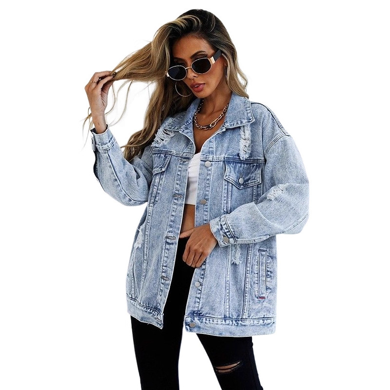 Tarptautinio europietiško stiliaus prabangi ir stilinga moteriška striukė su unikaliu dizainu, darbo aprangos stiliumi, nusidėvėjusio, madingo harajuku, europietiško ir amerikietiško stiliaus džinsinio audinio.