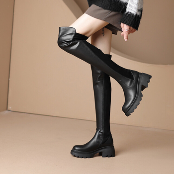 Őszi és téli új, rugalmas, térdig érő csizma, vintage varrás, hosszú platform, női oldalsó cipzáras, Knight csizma, bemutató női csizma