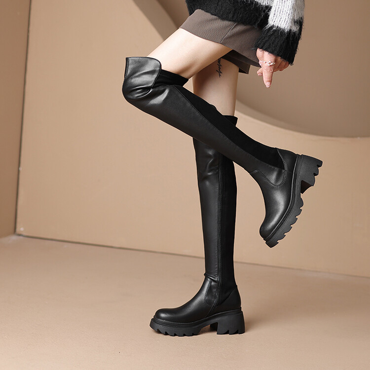 Őszi és téli új, rugalmas, térdig érő csizma, vintage varrás, hosszú platform, női oldalsó cipzáras, Knight csizma, bemutató női csizma