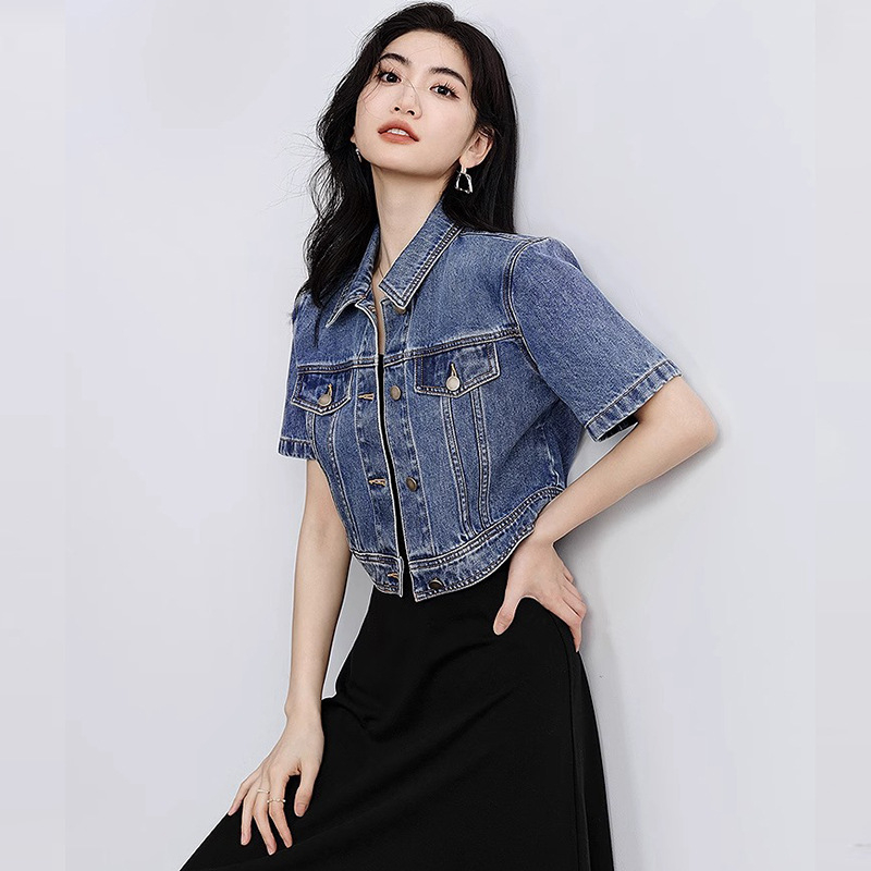 Jachetă scurtă din denim pentru femei, vrac, 2024, retro, slăbire, cu umeri drepți, cu rever, tip top mic