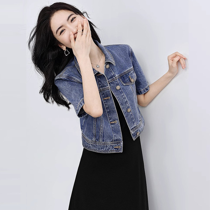 Jachetă scurtă din denim pentru femei, vrac, 2024, retro, slăbire, cu umeri drepți, cu rever, tip top mic