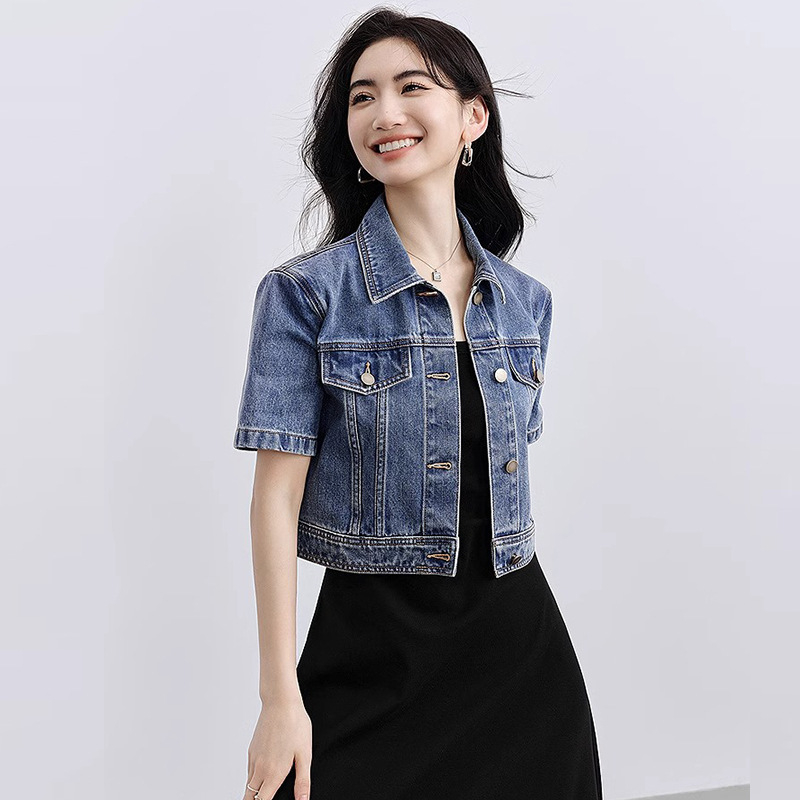 Jachetă scurtă din denim pentru femei, vrac, 2024, retro, slăbire, cu umeri drepți, cu rever, tip top mic