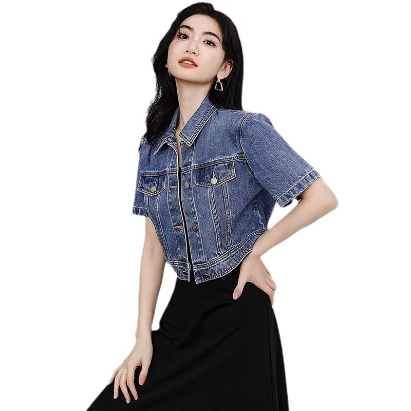 Jachetă scurtă din denim pentru femei, vrac, 2024, retro, slăbire, cu umeri drepți, cu rever, tip top mic