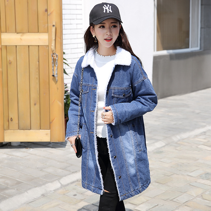 Téli, plus size, polár bélésű, farmerkabát, vastagított, középhosszú báránygyapjúból készült, pamuttal bélelt női kabát