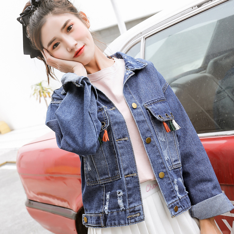 Jachetă denim cu buzunare cu ciucuri, jachetă scurtă din denim pentru femei, ruptă, lejeră, asortată, jachetă bf din denim, top la modă