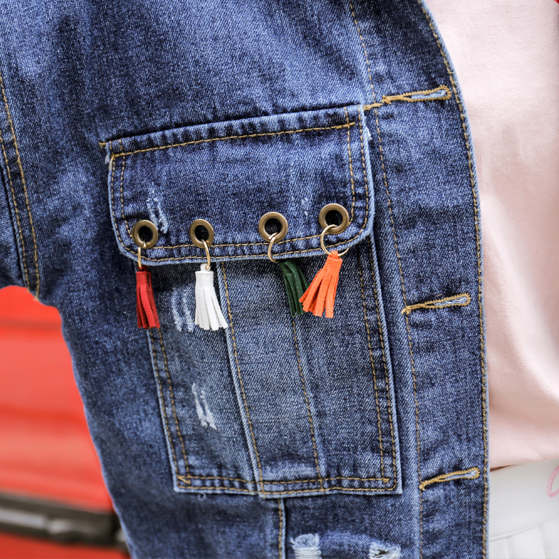 Jachetă denim cu buzunare cu ciucuri, jachetă scurtă din denim pentru femei, ruptă, lejeră, asortată, jachetă bf din denim, top la modă