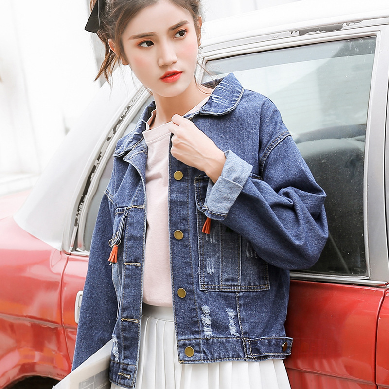 Jachetă denim cu buzunare cu ciucuri, jachetă scurtă din denim pentru femei, ruptă, lejeră, asortată, jachetă bf din denim, top la modă