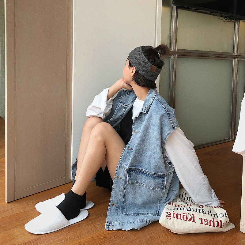 Vestă din denim fără mâneci, stil bf, casual, lejeră, cu buzunare mari, de lungime medie, 6968