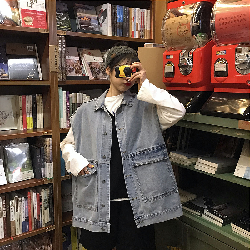 Vestă din denim fără mâneci, stil bf, casual, lejeră, cu buzunare mari, de lungime medie, 6968