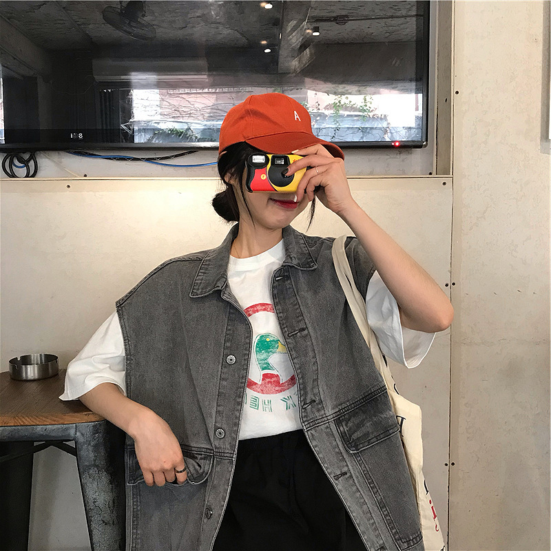 Vestă din denim fără mâneci, stil bf, casual, lejeră, cu buzunare mari, de lungime medie, 6968