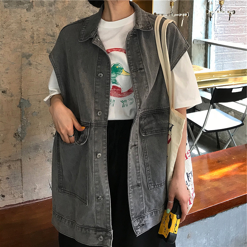 Vestă din denim fără mâneci, stil bf, casual, lejeră, cu buzunare mari, de lungime medie, 6968