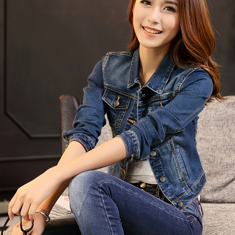 Džinsinis pavasario ir rudens švarkelis, moteriškas trumpas, liekninamas, korėjietiškas, studentiškas, ilgomis rankovėmis, moteriški džinsiniai drabužiai 38133