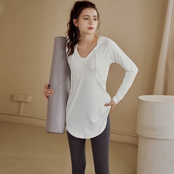 Naiste spordipluusi jooga pikkade varrukatega T-särk vabaaja ja lahtise lõikega, kapuutsiga, pika stiiliga, kiiresti kuivav pluus