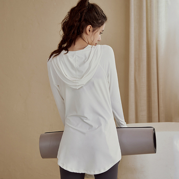 Naiste spordipluusi jooga pikkade varrukatega T-särk vabaaja ja lahtise lõikega, kapuutsiga, pika stiiliga, kiiresti kuivav pluus