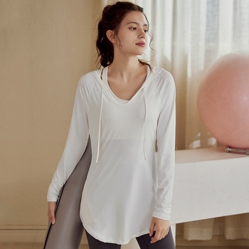 Naiste spordipluusi jooga pikkade varrukatega T-särk vabaaja ja lahtise lõikega, kapuutsiga, pika stiiliga, kiiresti kuivav pluus