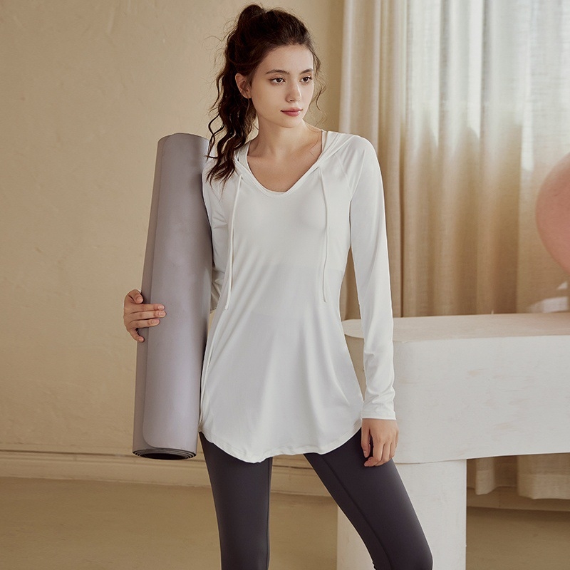 Naiste spordipluusi jooga pikkade varrukatega T-särk vabaaja ja lahtise lõikega, kapuutsiga, pika stiiliga, kiiresti kuivav pluus