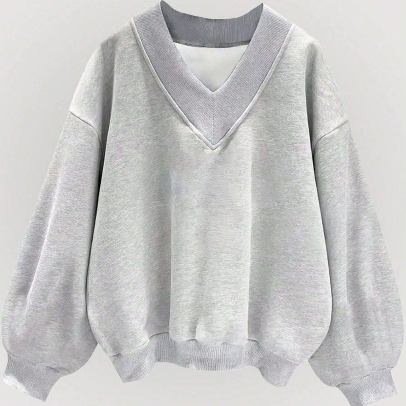 Európai és amerikai őszi és téli új V-nyakú szürke, egyszínű, bő, hosszú ujjú, divatos, kényelmes, lezser melegítőfelső
