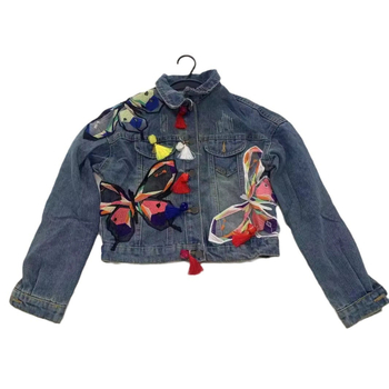 Tavaszi és őszi új női nehézipari szalaggal hímzett pillangós rügy bojtos rövid, minden mérkőzésre alkalmas, lezser farmerdzseki