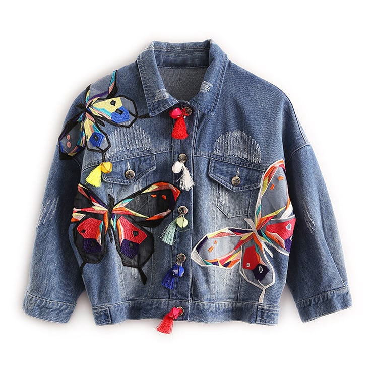 Jachetă denim casual cu imprimeu fluture și ciucuri, nouă pentru femei, de primăvară și toamnă