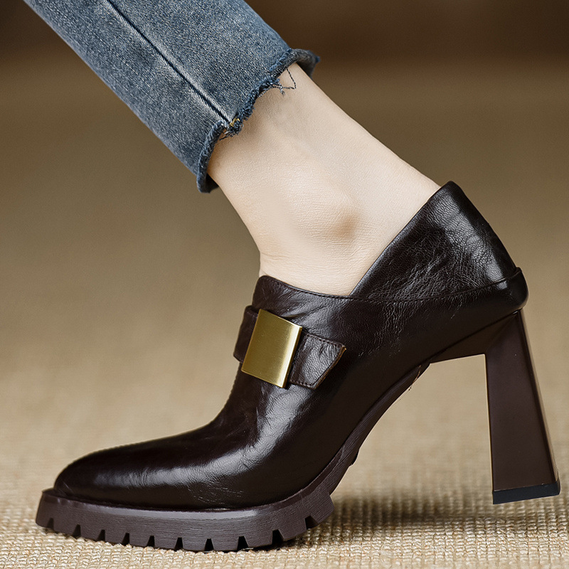 Dėdės rankų darbo moteriški bateliai 8,4 cm ~ nauji pavasariniai bateliai su aukštakulniu, minkšta oda, vandeniui atspariu stalu, smailiu kulnu, rudi