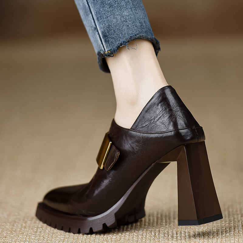 Dėdės rankų darbo moteriški bateliai 8,4 cm ~ nauji pavasariniai bateliai su aukštakulniu, minkšta oda, vandeniui atspariu stalu, smailiu kulnu, rudi