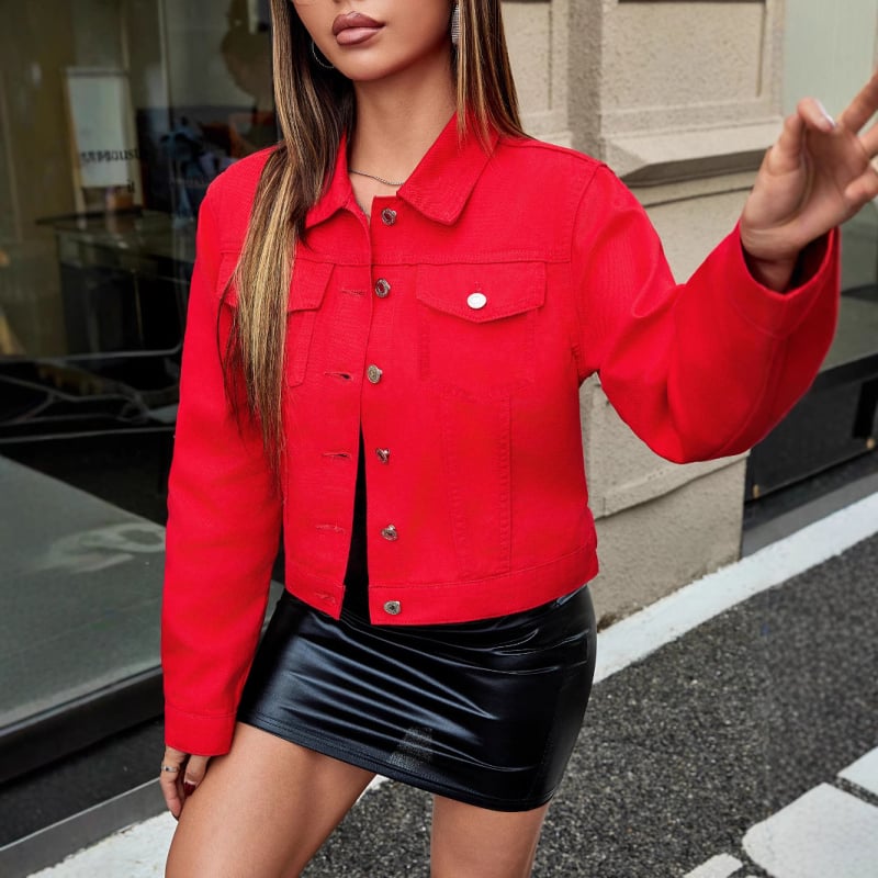 Jachetă scurtă din denim colorată, cu buzunare reale, pentru femei, culoare solidă, jachetă scurtă, top